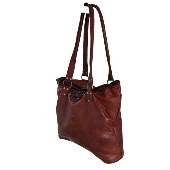 Western Boho Cognac Leather Tote Bag | Distressed Rustic Carryall - Picture 13 of 14